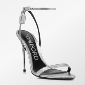 TOM FORD LAMINATED NAPPA LEATHER PADLOCK POINTY NAKED SANDAL SILVER W2272 $1350